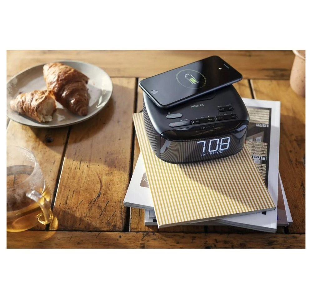 Philips TAR7705/10 | Radiouhr | Wecker | DAB+ | Sleep-Timer | Automatische Zeitsynchronisierung |  Wireless Phone Charging | Zwei Alarme | Schwarz