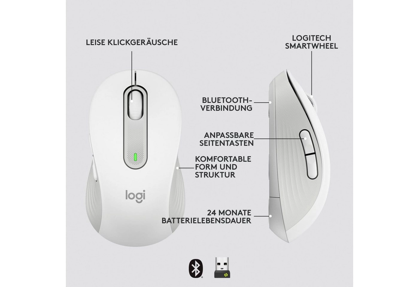 Logitech Signature M650 L | Bluetooth Maus | SmartWheel-Bildlauf | Anpassbare Seitentasten | Bis zu 24 Monate Batterielaufzeit | Kabellose Maus | Weiss