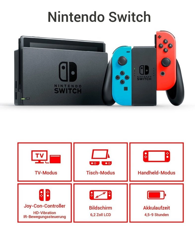 Nintendo Switch Konsole V2 | Betriebszeit (bis zu) 6.5 Stunde(n) | Vibrations-Feedback | Bluetooth | 525 mAh Akku | LCD-Display 15.7 cm (6.2) Farbe | Joy-Con"