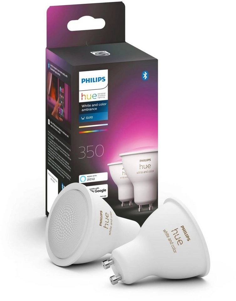 Philips Leuchtmittel White & Color Ambiance GU10 2 Stueck | Intelligente Glühbirne | Bluetoothapp | Hue Bridge | 16mio Farben | 350lm | 2000k - 6500k | 15000h
