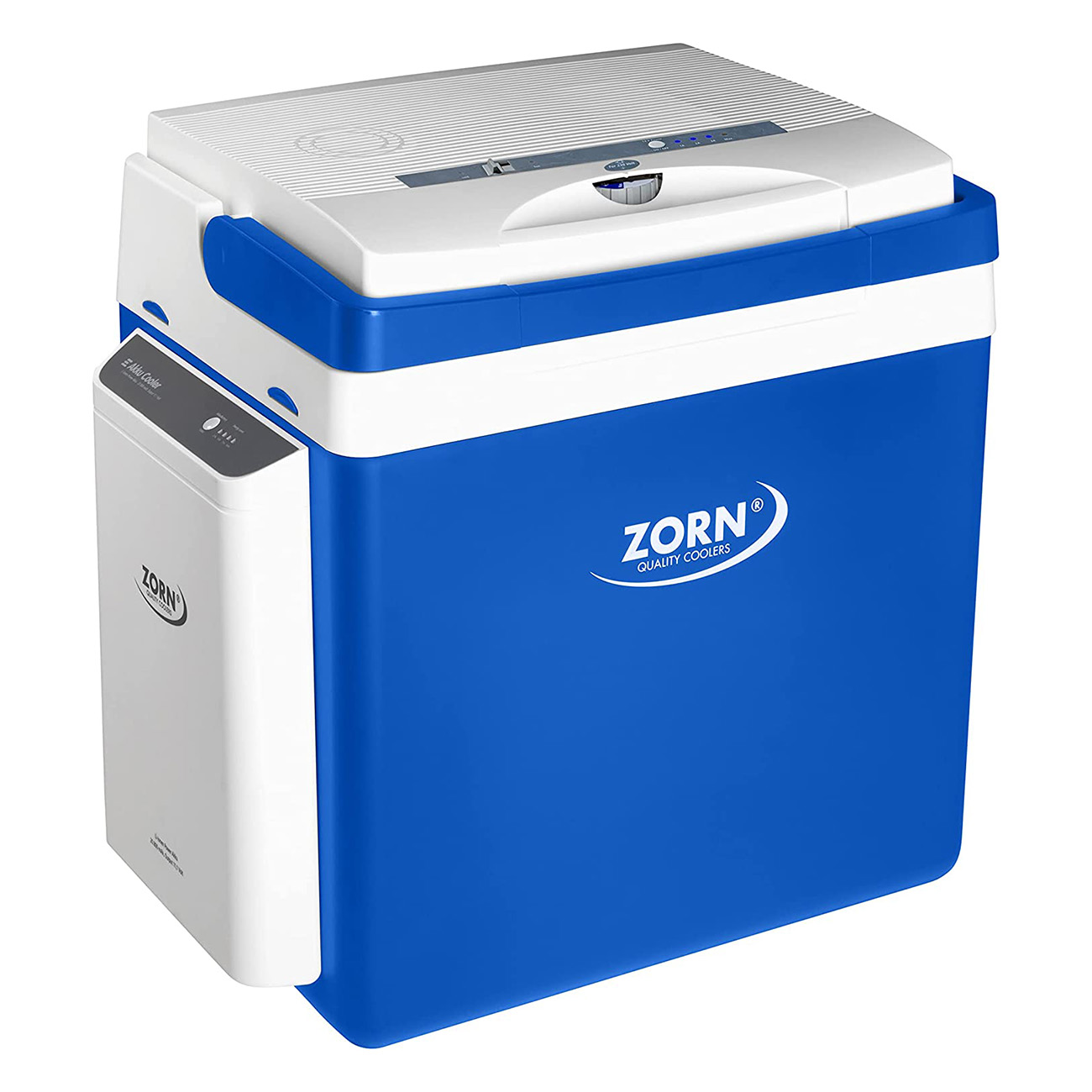 Zorn ZE26 12/230V LNE blau/weiß mit Akku | 25 Litern Fassungsvermögen | 12 V Anschluss  | Regulierbare Temperatur  | EPS-Isolierung | Mobile Kühlbox | Robust und Stoßfest