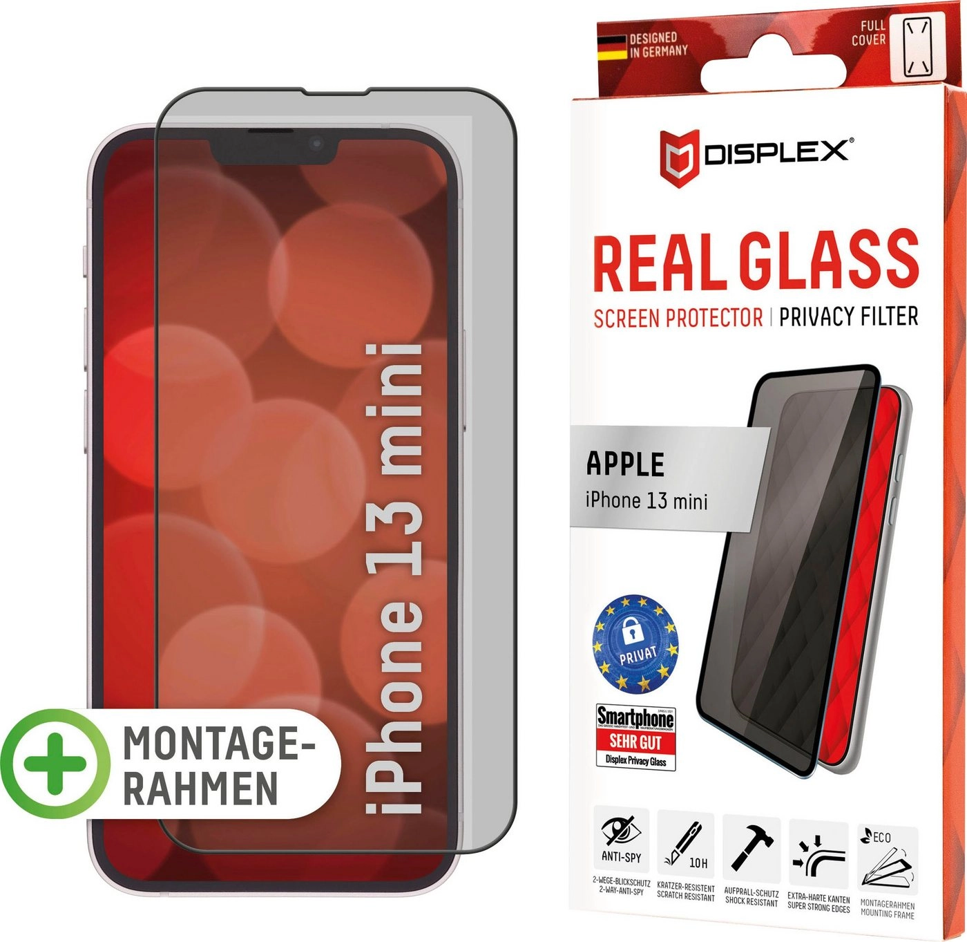 Displex »DISPLEX Privacy Panzerglas (10H) für Apple iPhone 13 mini, Eco-Montagerahmen, Privacy Filter, Tempered Glas, kratzer-resistente Schutzfolie, hüllenfreundlich«, Displayschutzfolie