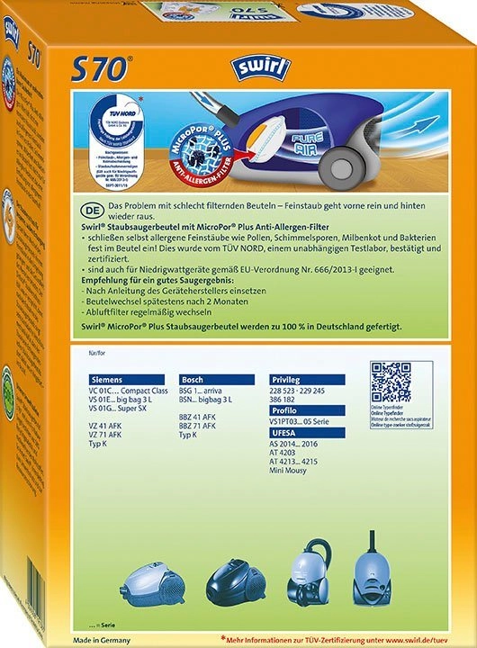 Swirl Staubsaugerbeutel Swirl® S 70 Staubsaugerbeutel für Siemens und Bosch, 4er- Pack