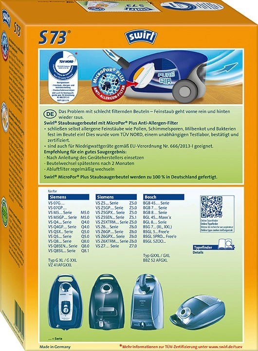 Swirl Staubsaugerbeutel Swirl® S 73, passend für Siemens, Bosch, 4er- Pack