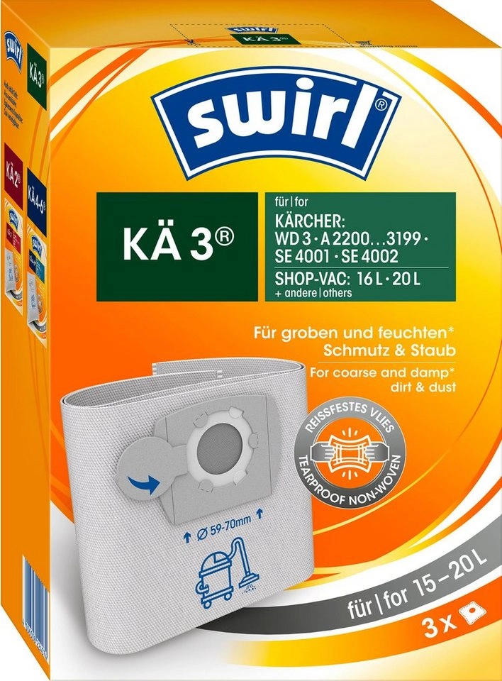 Swirl Staubsaugerbeutel KÄ 3®, 3 Stück, Staubsaugerbeutel für Kärcher & Shop-Vac Nass- und Trockensauger