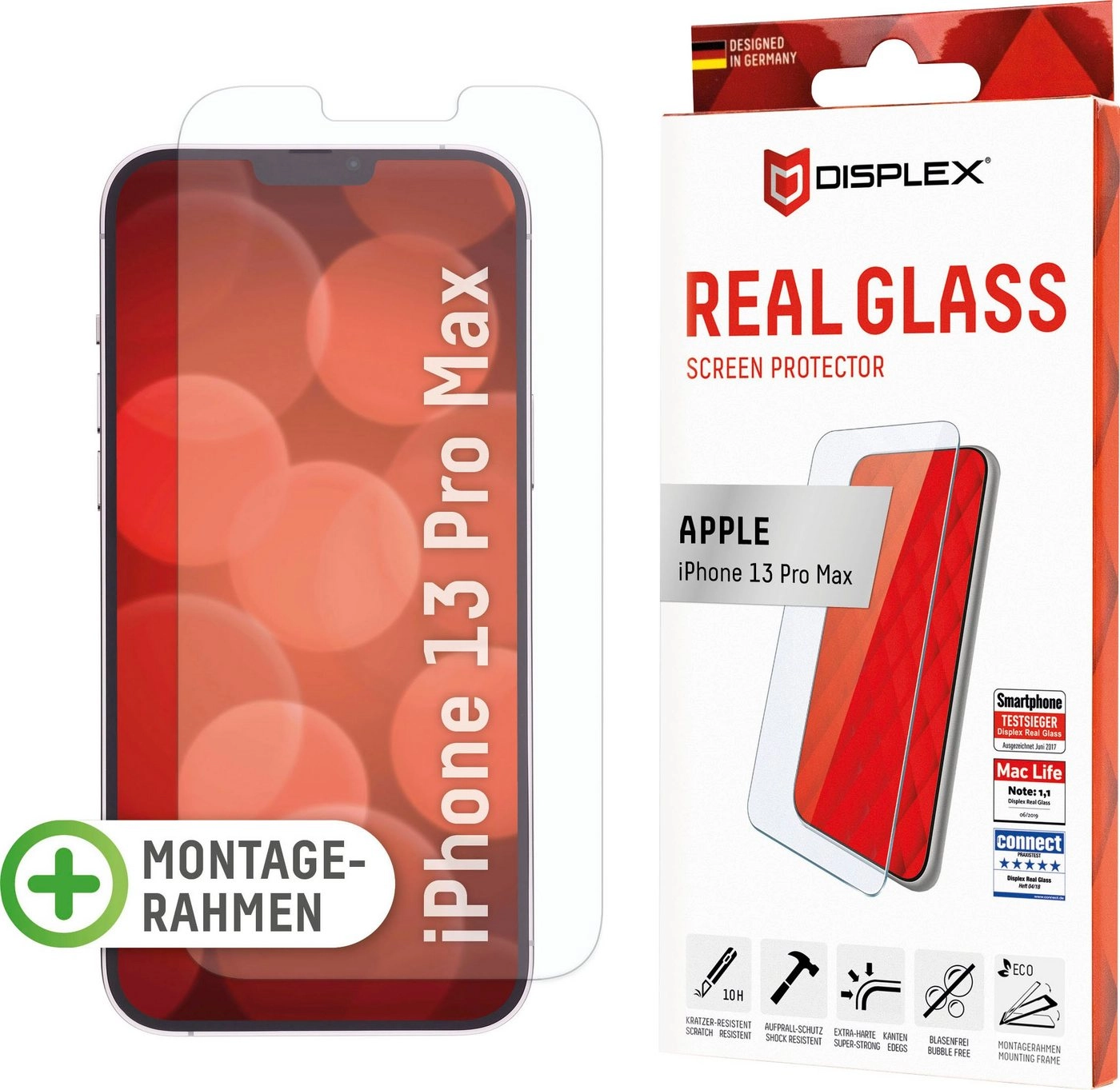 Displex »DISPLEX Panzerglas (10H) für Apple iPhone 13 Pro Max, Eco-Montagerahmen, Tempered Glas, kratzer-resistente Schutzfolie, hüllenfreundlich«, Displayschutzfolie