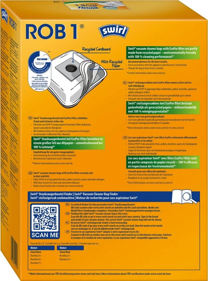 Swirl Staubsaugerbeutel ROB 1®, Staubsaugerbeutel für iRobot Clean Base Automatische Absaugstation, 4er-Pack