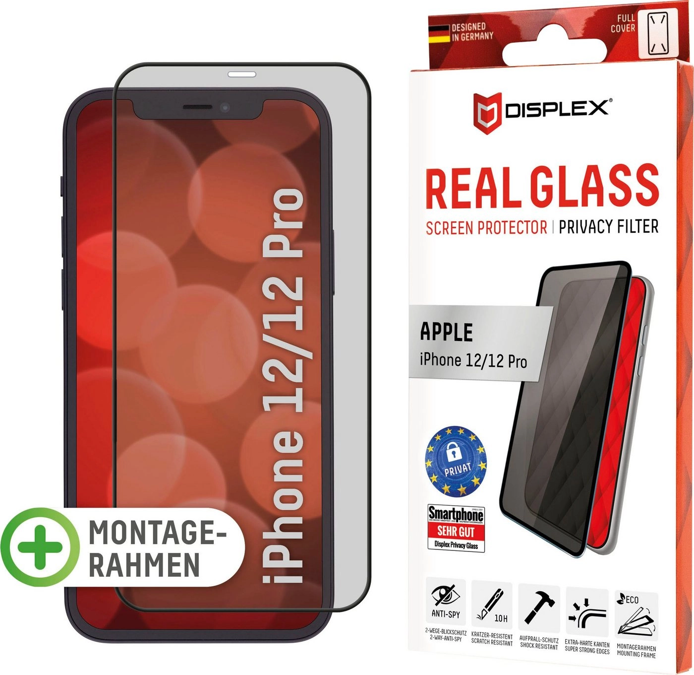 Displex »DISPLEX Privacy Glass Panzerglas für Apple iPhone 12/12 Pro (6,1), 10H Tempered Glass, mit Montagerahmen, Full Cover« für Apple iPhone 12, Apple iPhone 12 Pro, Displayschutzglas