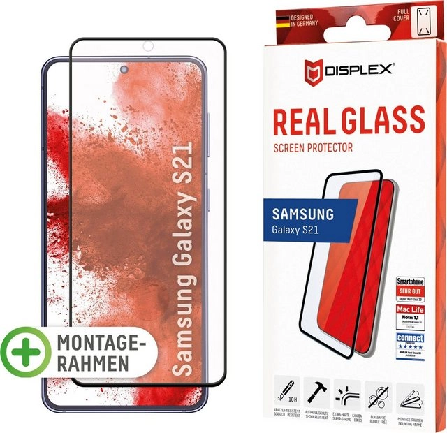 Displex »DISPLEX Real Glass Panzerglas für Samsung Galaxy S21 5G (6,2), 10H Tempered Glass, mit Montagerahmen, Full Cover« für Samsung Galaxy S21, Displayschutzfolie