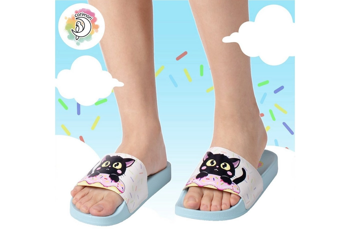 Corimori »Badeschuhe für Kinder Katze« Schlappen (Packung, Geschenk) Unisex Badeschlappen Mädchen & Jungen, Bade-Slipper, Hausschuhe, Strandschuhe, Pantoletten, Flip-Flops