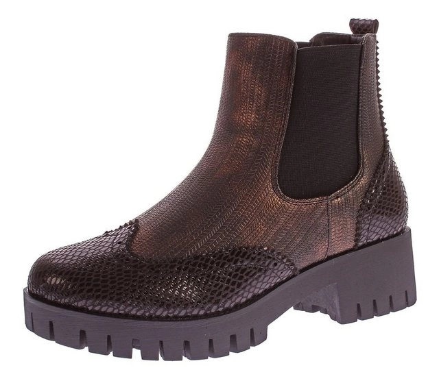 Scandi »Stiefeletten Block Absatz Boots Knöchel Schuhe« Stiefelette Metallic-Effekt, Reptil-Print