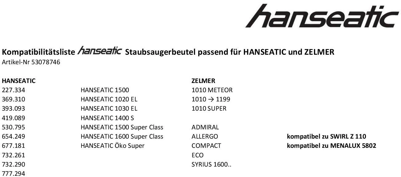 Hanseatic Staubsaugerbeutel passend für HANSEATIC und ZELMER, 10 Stück