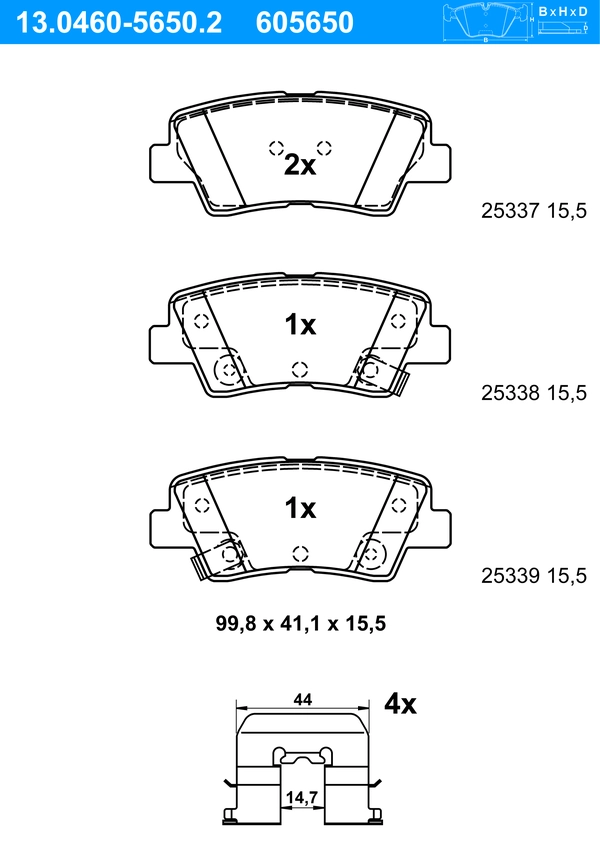 ATE Bremsbelagsatz HYUNDAI,KIA,SSANGYONG 13.0460-5650.2 583021RA30,583022VA50,583023XA30 583023ZA10,583023ZA16,583023ZA70,583023ZA76,58302A6A20