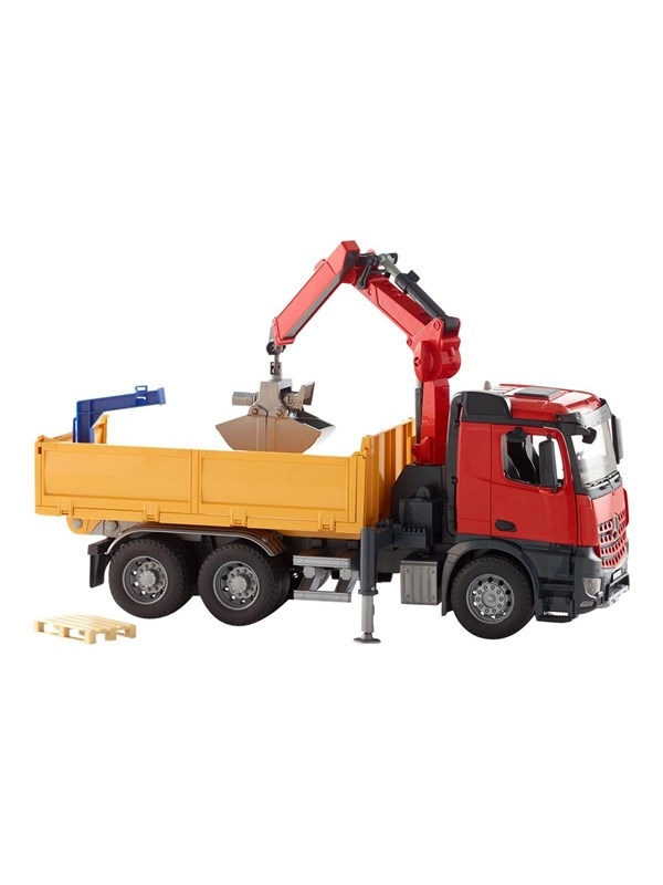 Mercedes-Benz Arocs Baustellen-LKW mit Kran, Schaufelgreifer, Palettengabeln und 2 Paletten, Modellfahrzeug