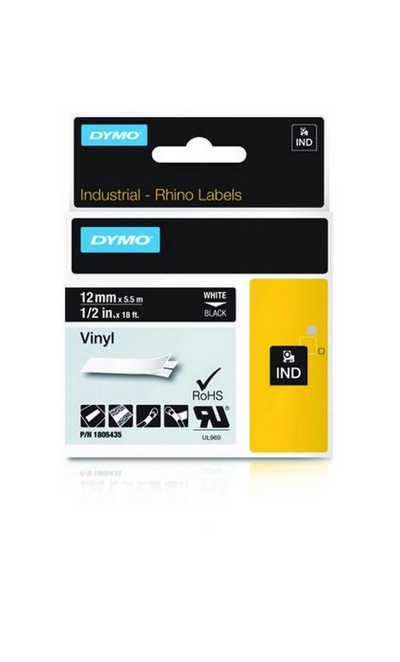 Rhino IND ORIGINAL Schriftband Vinyl 12mm x 5,5m, weiß auf schwarz