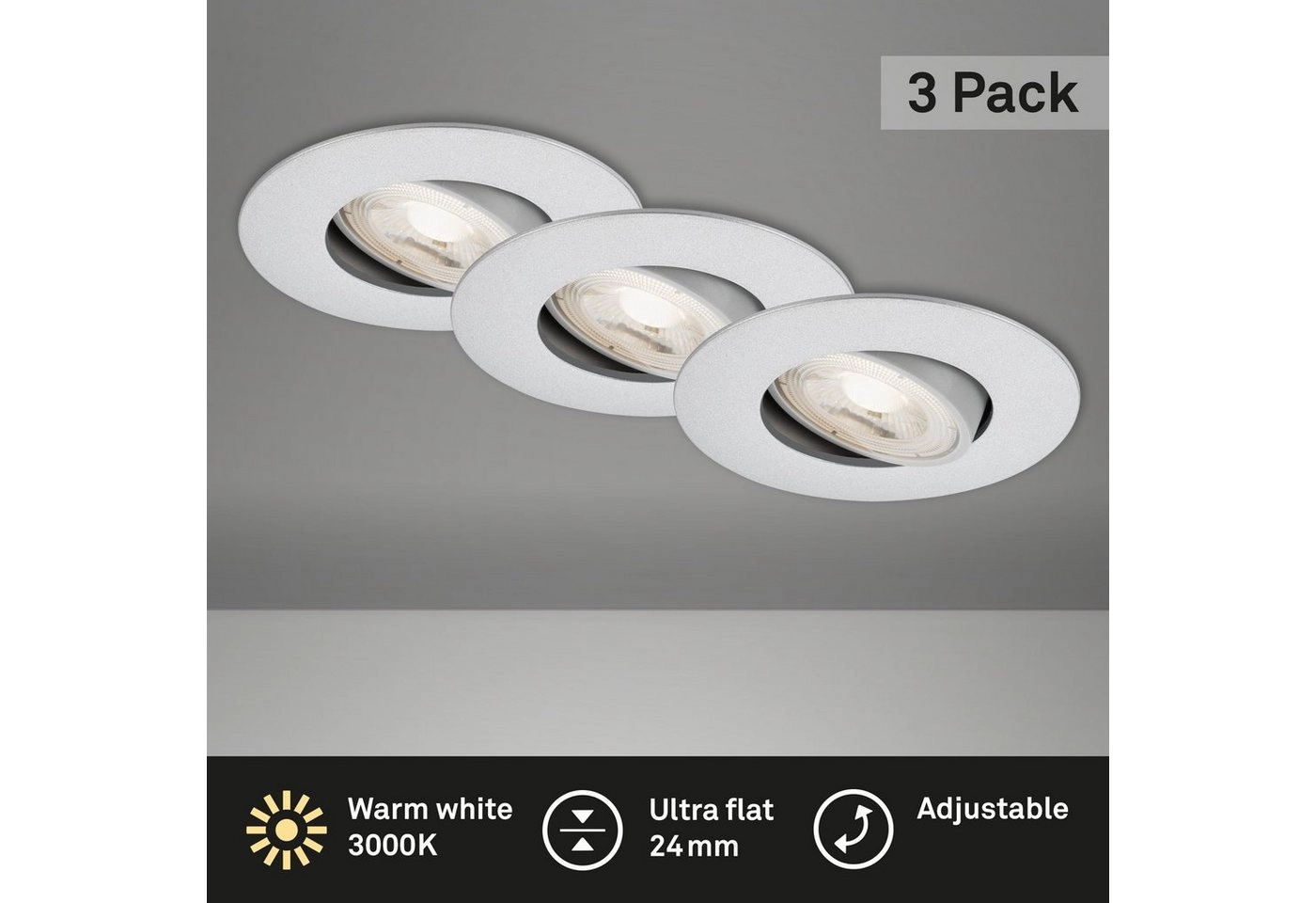 3er Set Ultraflache LED Einbauleuchte, Ø 9 cm, 5 W, Chrom-Matt