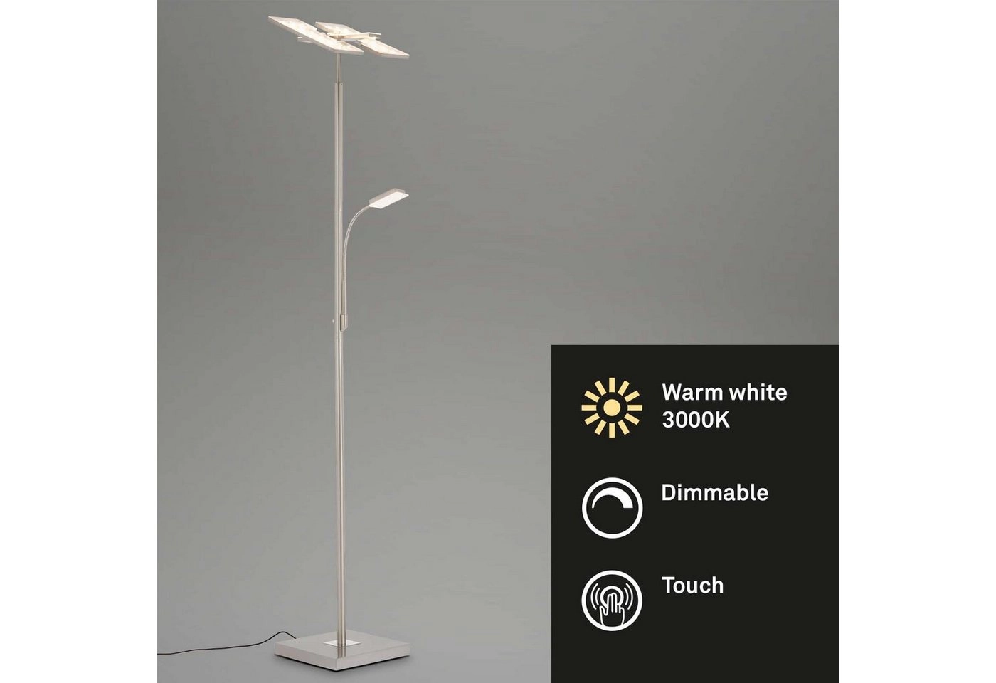 LED Fluter mit Lesearm, 180 cm, 24,5 W, Matt-Nickel