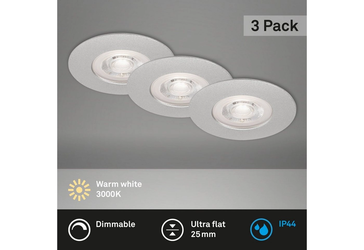 3er Set LED Einbauleuchte, Ø 9 cm, 5 W, Chrom-Matt