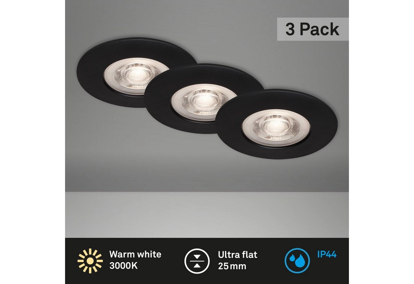 3er Set LED Einbauleuchte, Ø 9 cm, 5 W, Schwarz