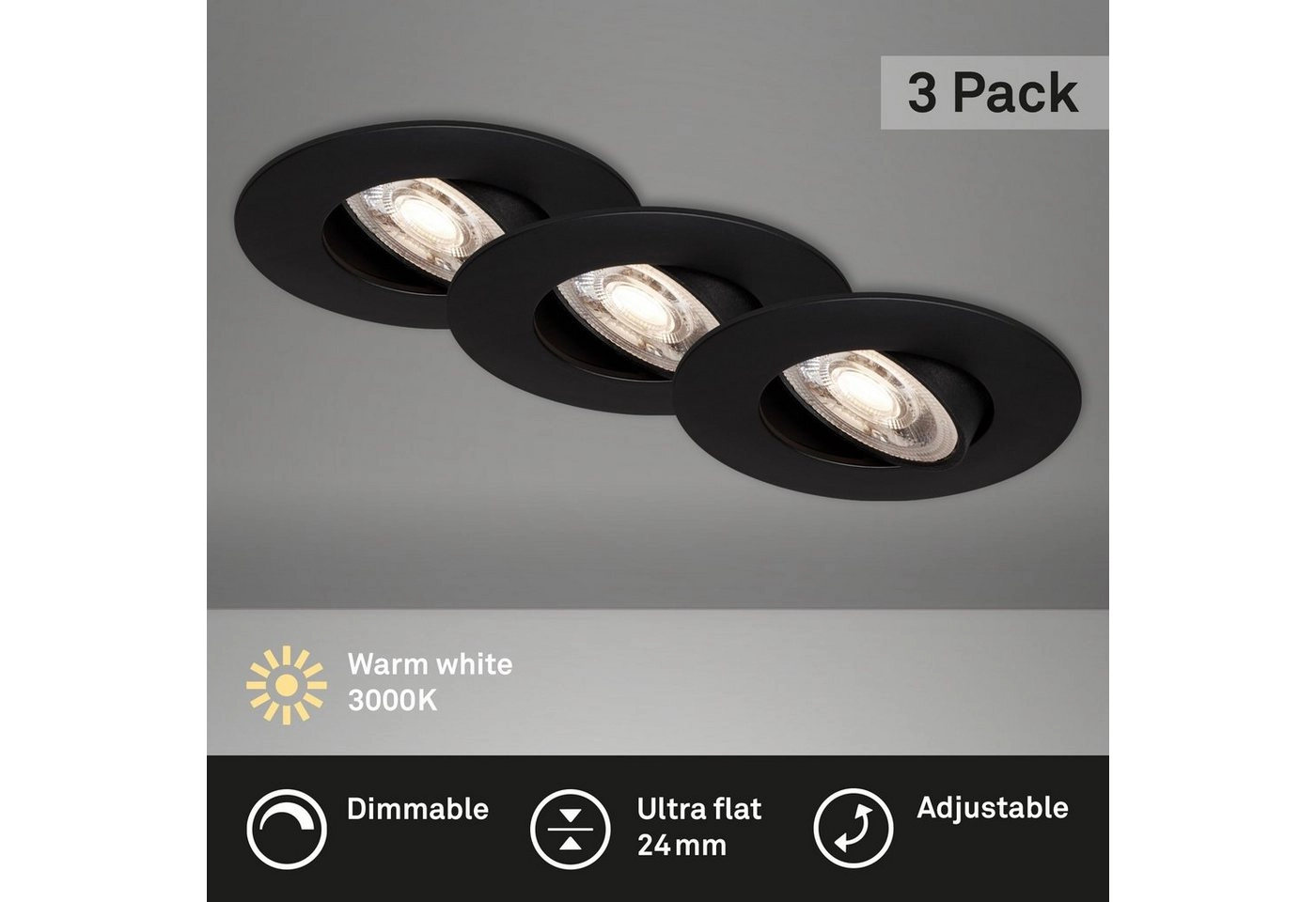 3er Set LED Einbauleuchte, Ø 9 cm, 5 W, Schwarz