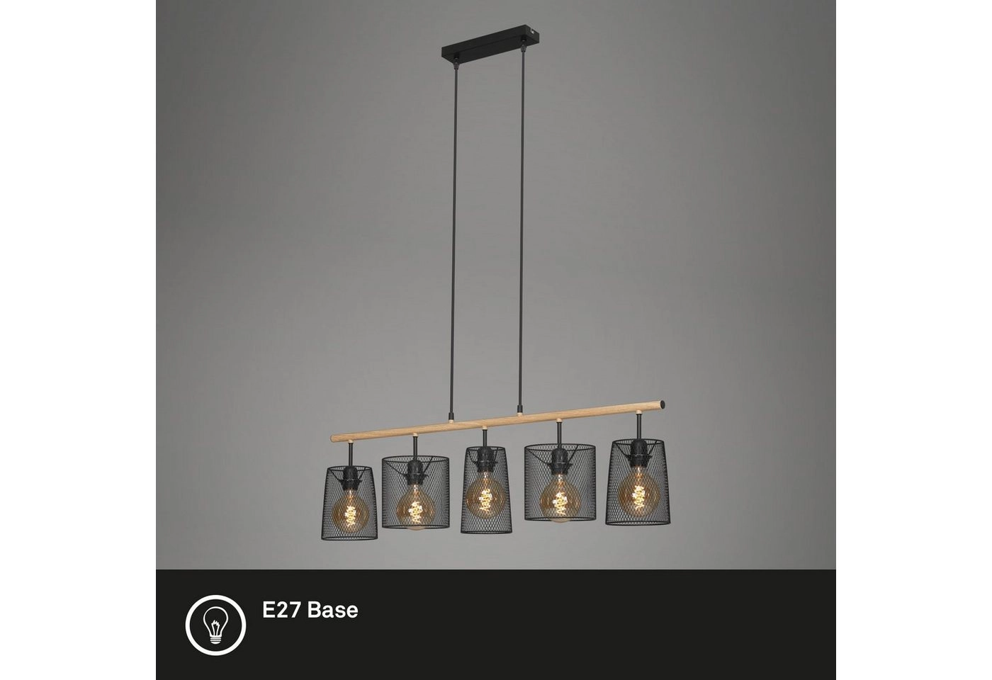 Pendelleuchte, 96 cm, max. 60 W, Schwarz-Holz