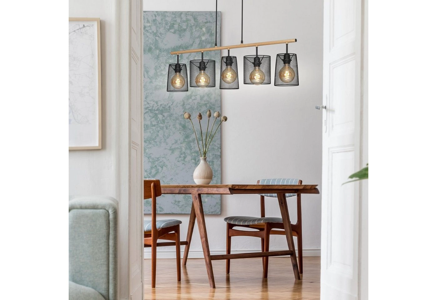 Pendelleuchte, 96 cm, max. 60 W, Schwarz-Holz