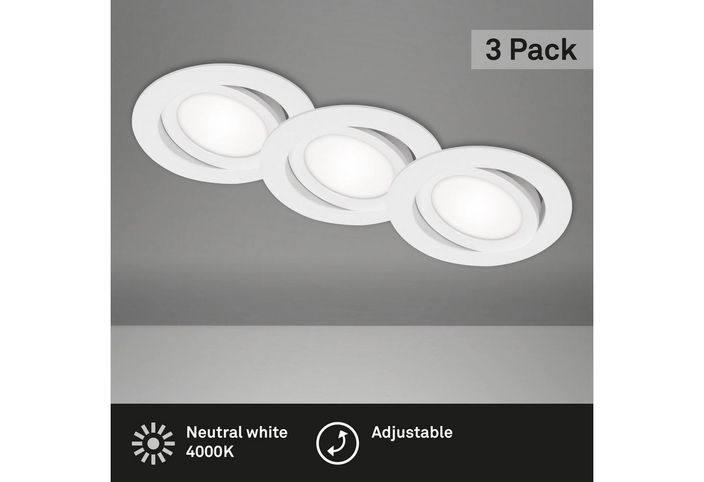 3er Set LED Einbauleuchte, Ø 10,6 cm, 7 W, Weiß