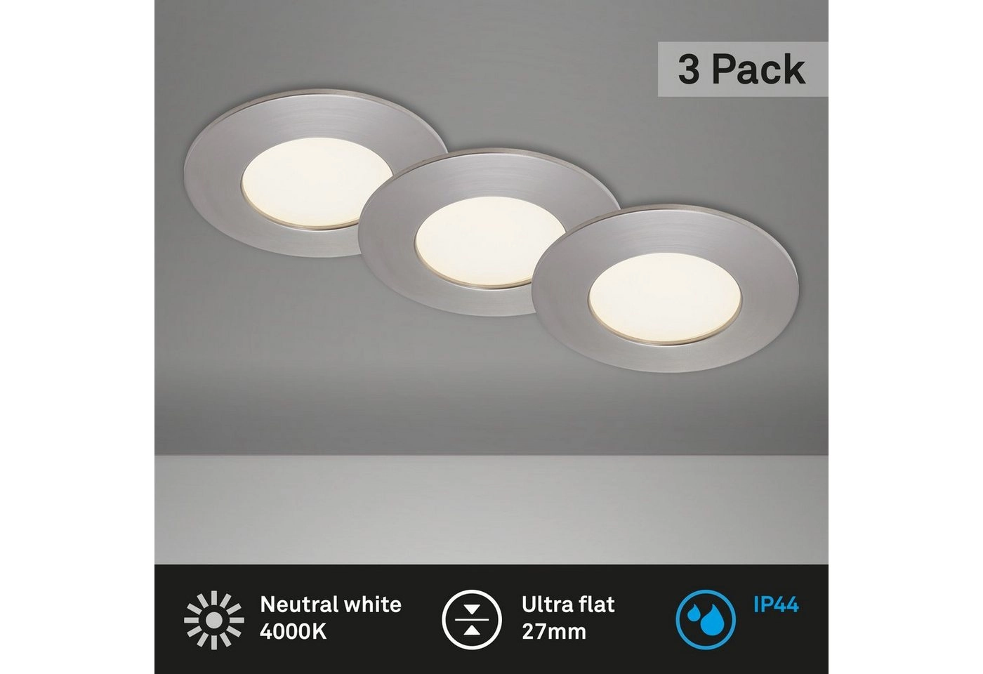 3er Set LED Einbauleuchte, Ø 8,5 cm, 4,9 W, Matt-Nickel