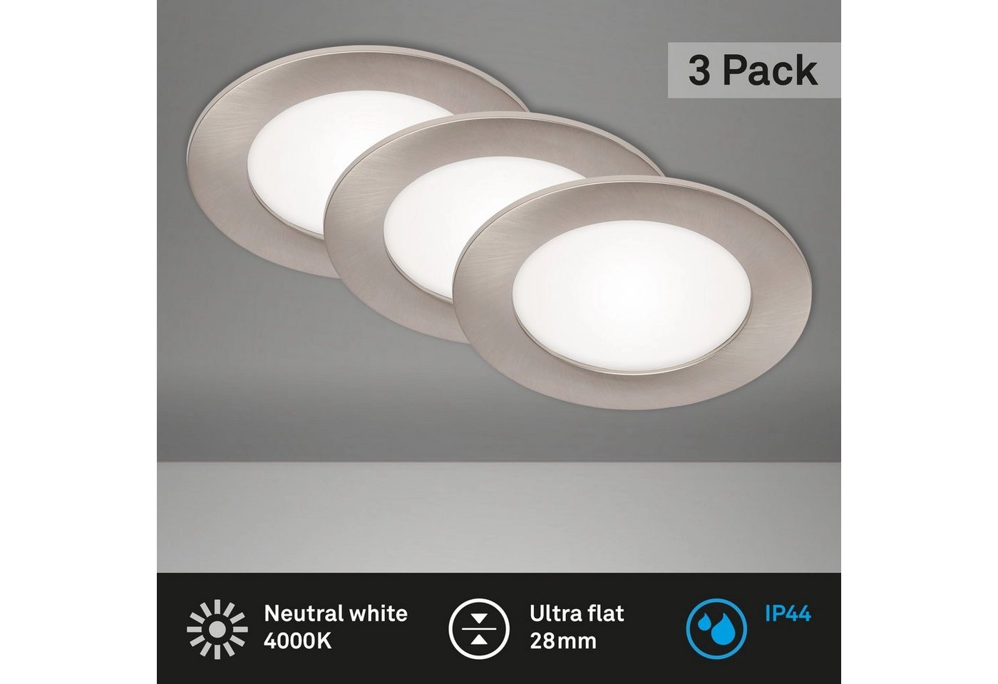 3er Set LED Einbauleuchte, Ø 12 cm, 7 W, Matt-Nickel