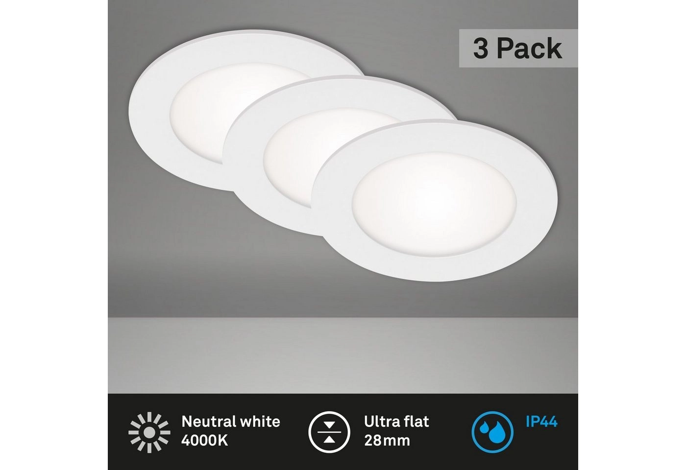 3er Set LED Einbauleuchte, Ø 12 cm, 7 W, Weiß