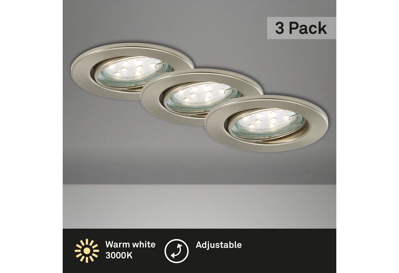 3er Set LED Einbauleuchte, Ø 8,6 cm, 3 W, Matt-Nickel