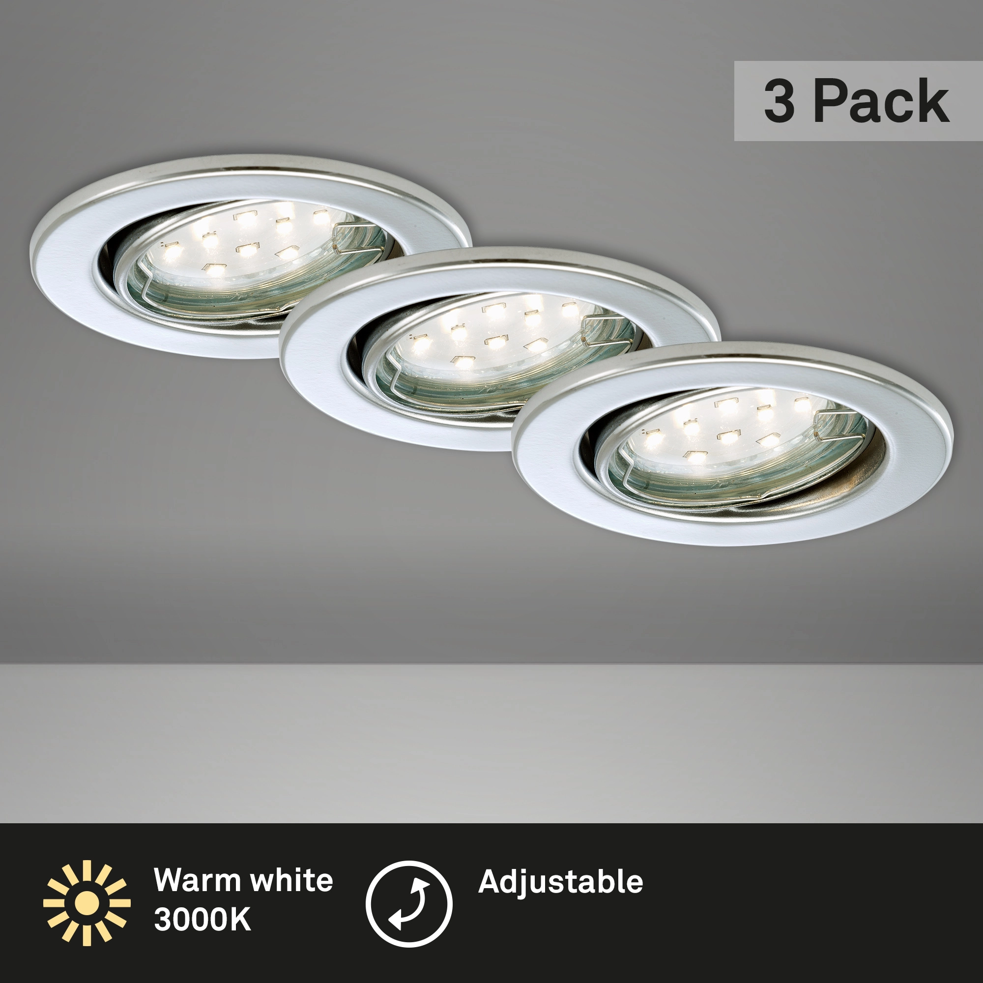 3er Set LED Einbauleuchte, Ø 8,6 cm, 3 W, Chrom