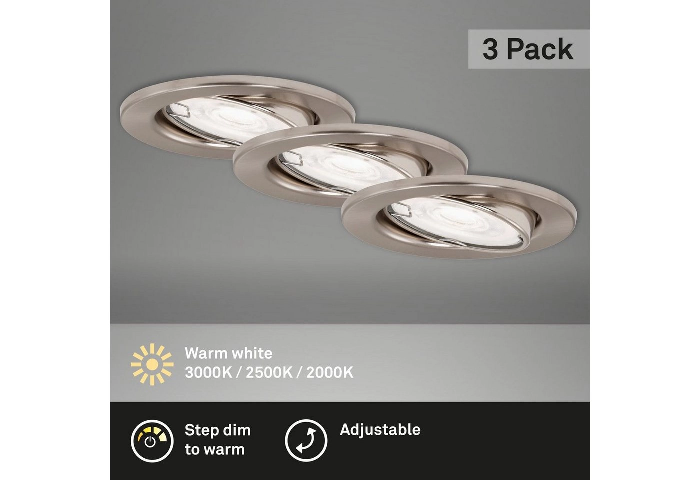 3er Set LED Einbauleuchte, Ø 8,6 cm, 5 W, Matt-Nickel