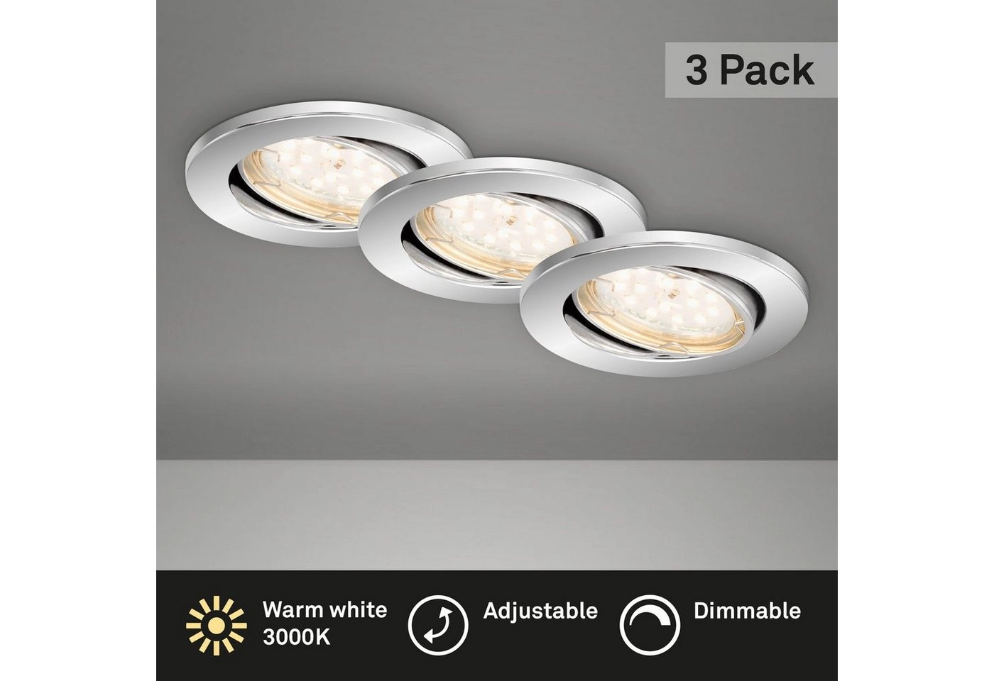 3er Set LED Einbauleuchte, Ø 8,6 cm, 5 W, Chrom