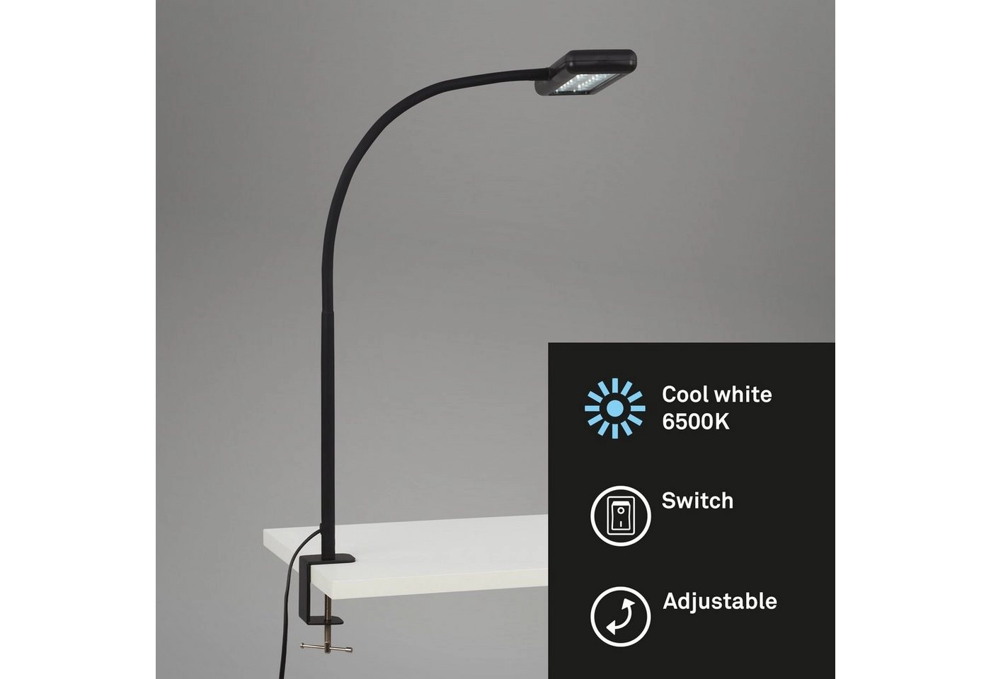 LED Tageslicht Klemmleuchte, 55 cm, 7,5 W, Schwarz