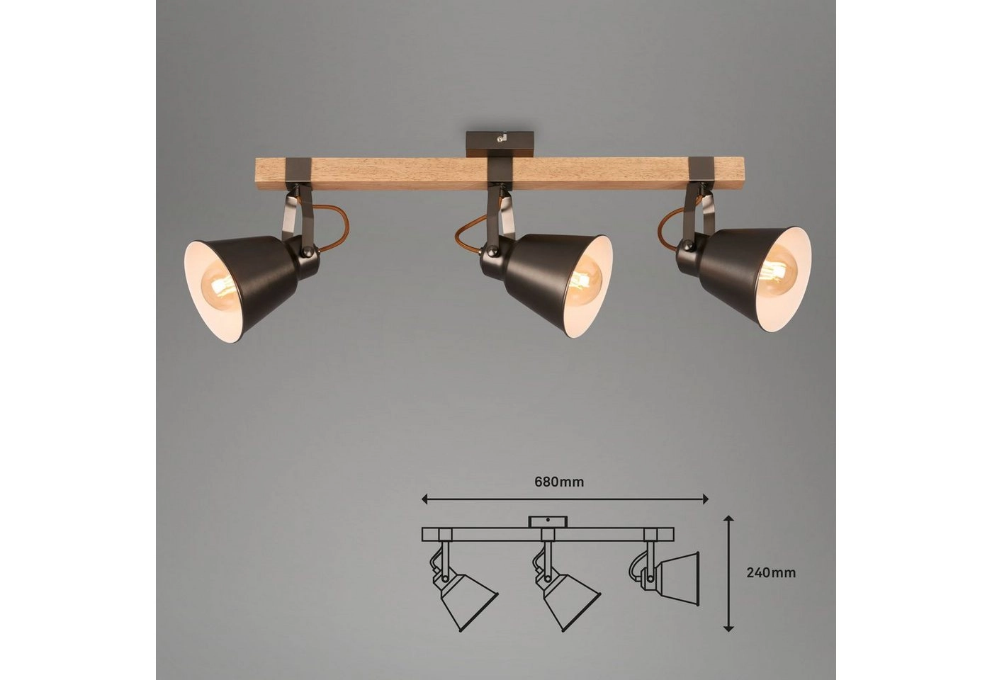 Spot Deckenleuchte, 68 cm, max. 40 W, Antik-Grau-Holz