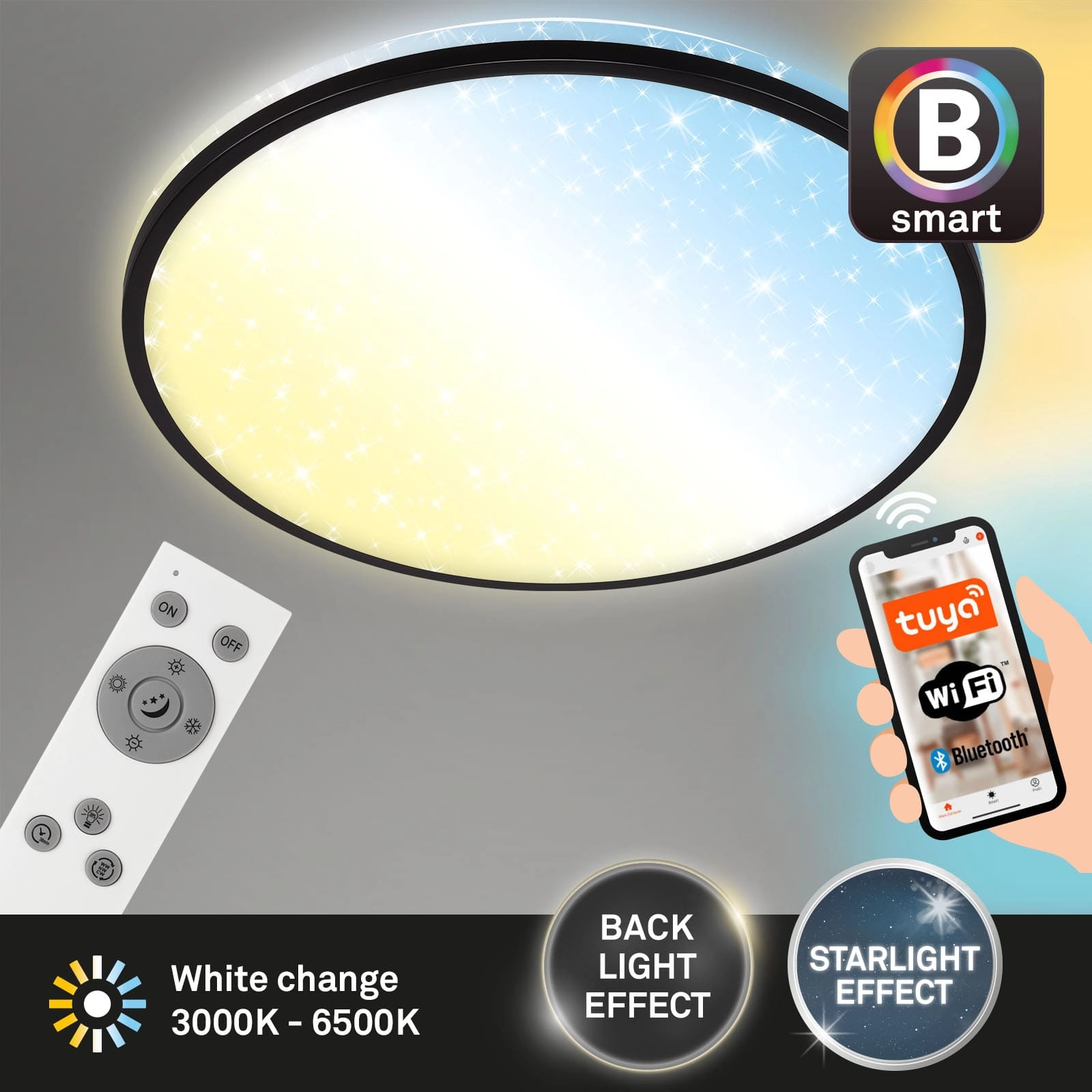 Sternenhimmel CCT LED Deckenleuchte, Ø 33,3 cm, 24 W, 2500 lm, Schwarz