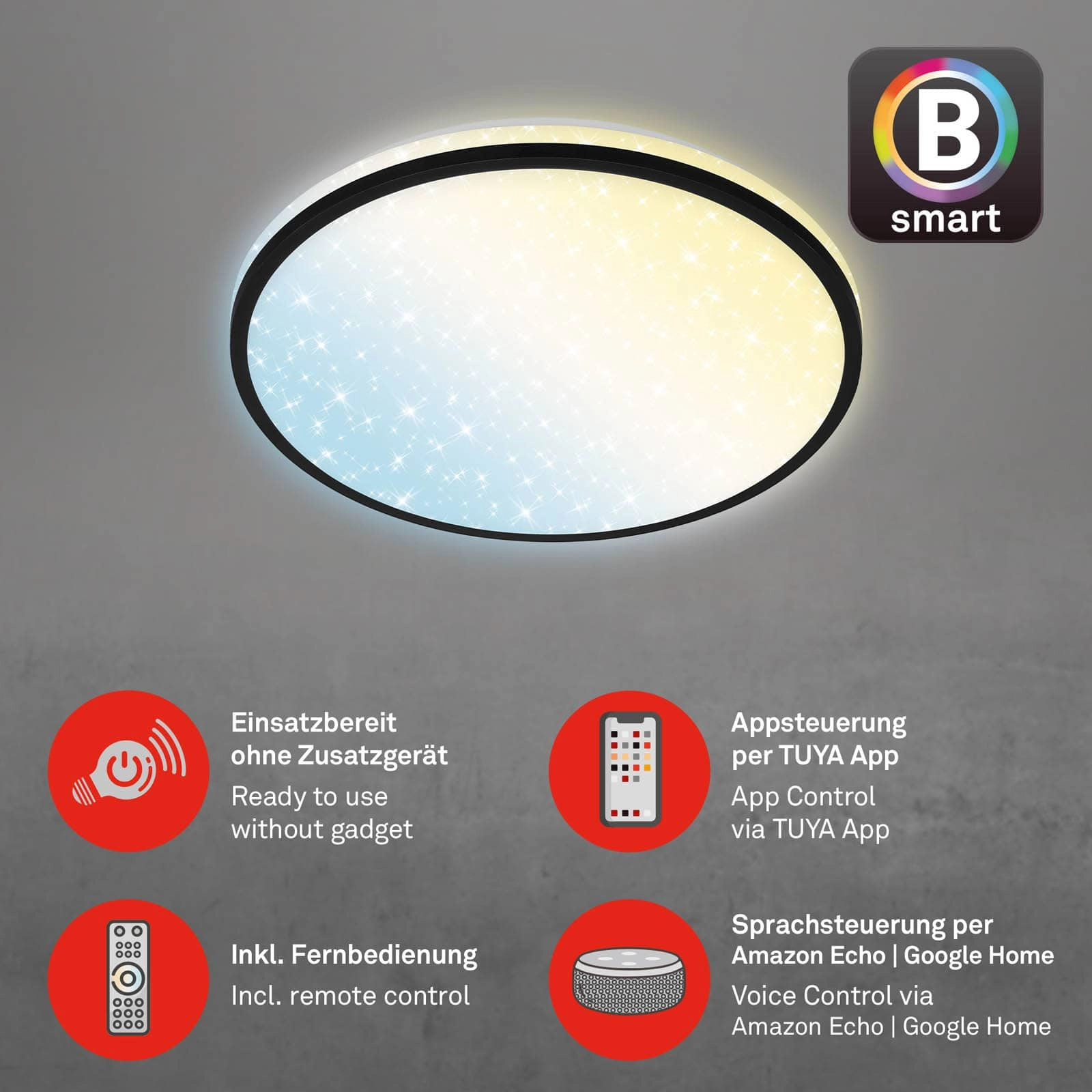 Sternenhimmel CCT LED Deckenleuchte, Ø 33,3 cm, 24 W, 2500 lm, Schwarz
