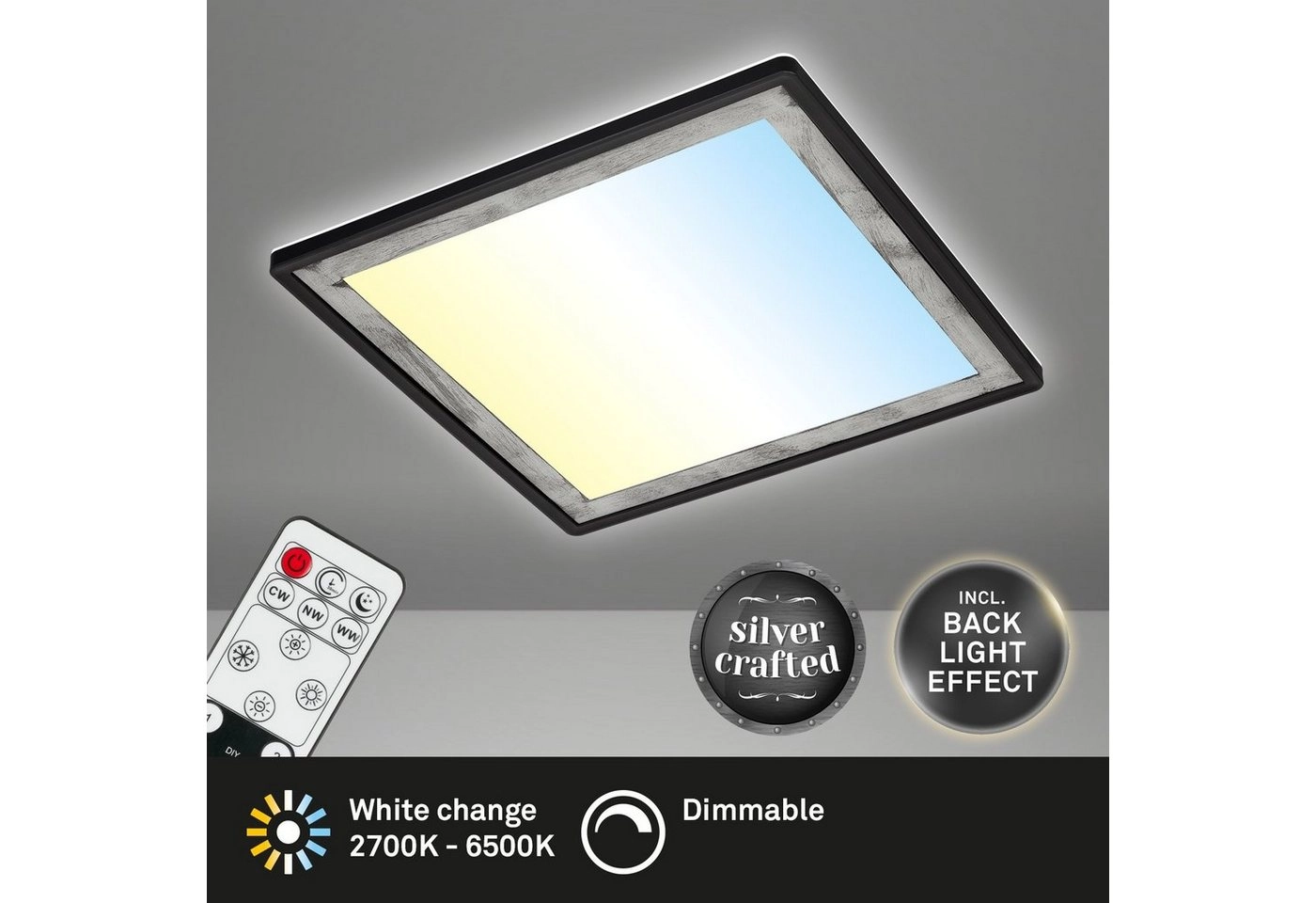 Ultraflaches CCT-LED Panel mit LED Backlight, 48 cm, 1x LED, 22 W, 3000 lm, schwarz-silber