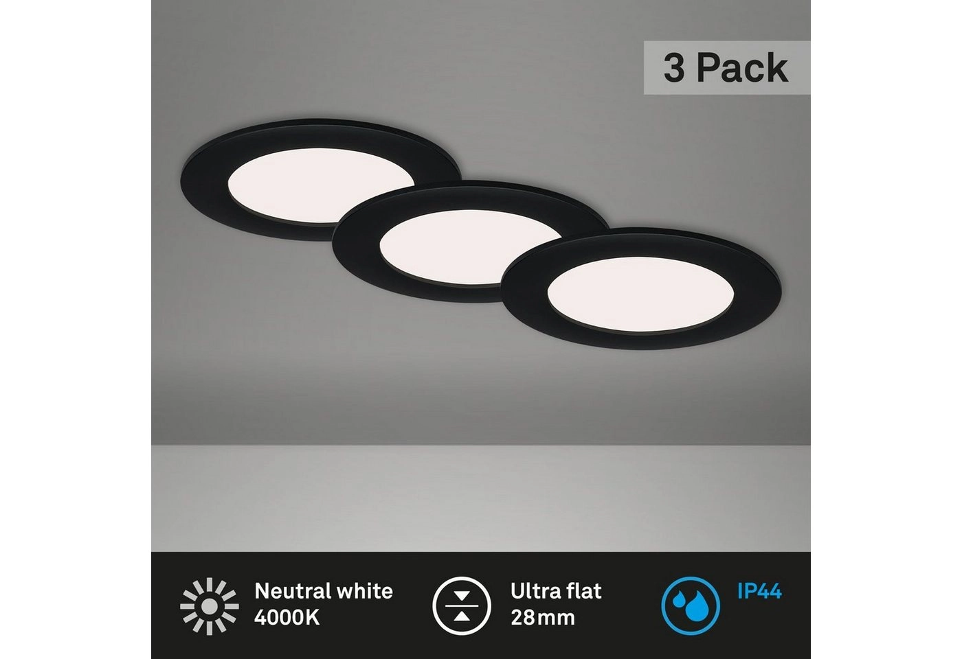 3er Set LED Einbauleuchte, Ø 12 cm, 7 W, 600 lm, Schwarz