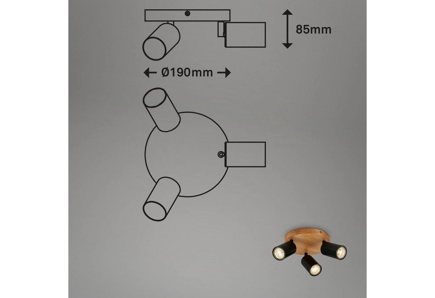 Spotleuchte, Ø19 cm, 3x GU10, schwarz