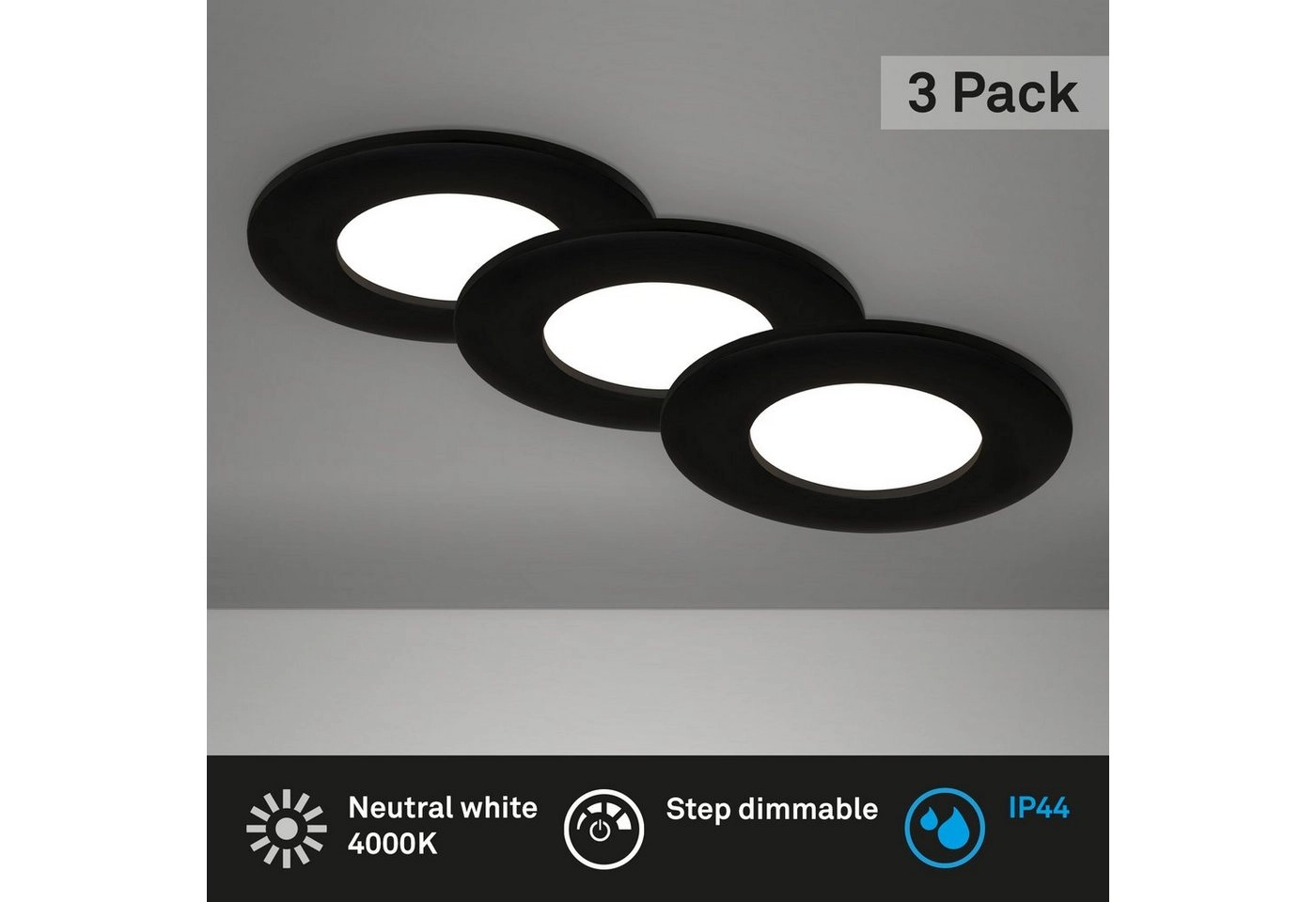 3er Set LED Einbauleuchte, Ø 8,5 cm, LED-Modul, 4,9W, 450 lm, schwarz