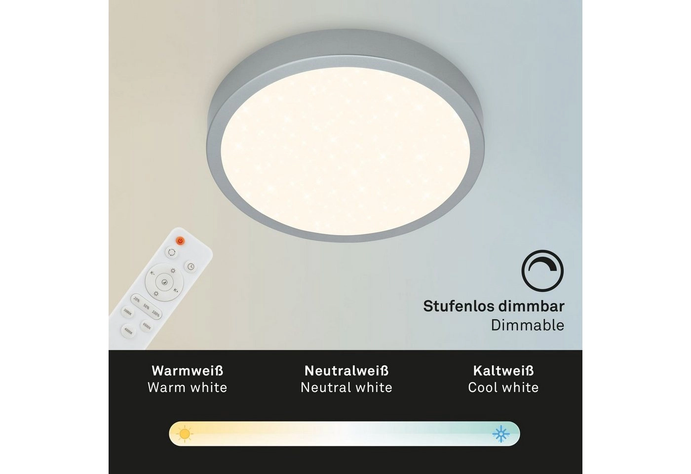 CCT LED Aufbauleuchte Ø 28 cm, LED-Platine, 18 W, 2000 lm, silber