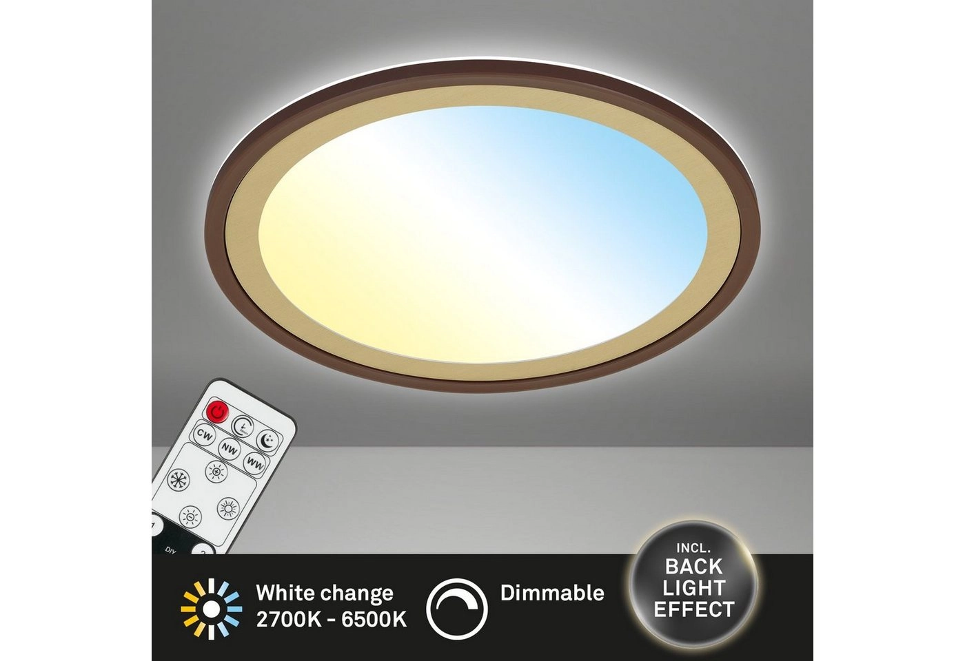 Ultraflaches CCT-LED Panel mit LED Backlight, Ø42 cm, 1x LED, 22 W, 3000 lm, braun-gold