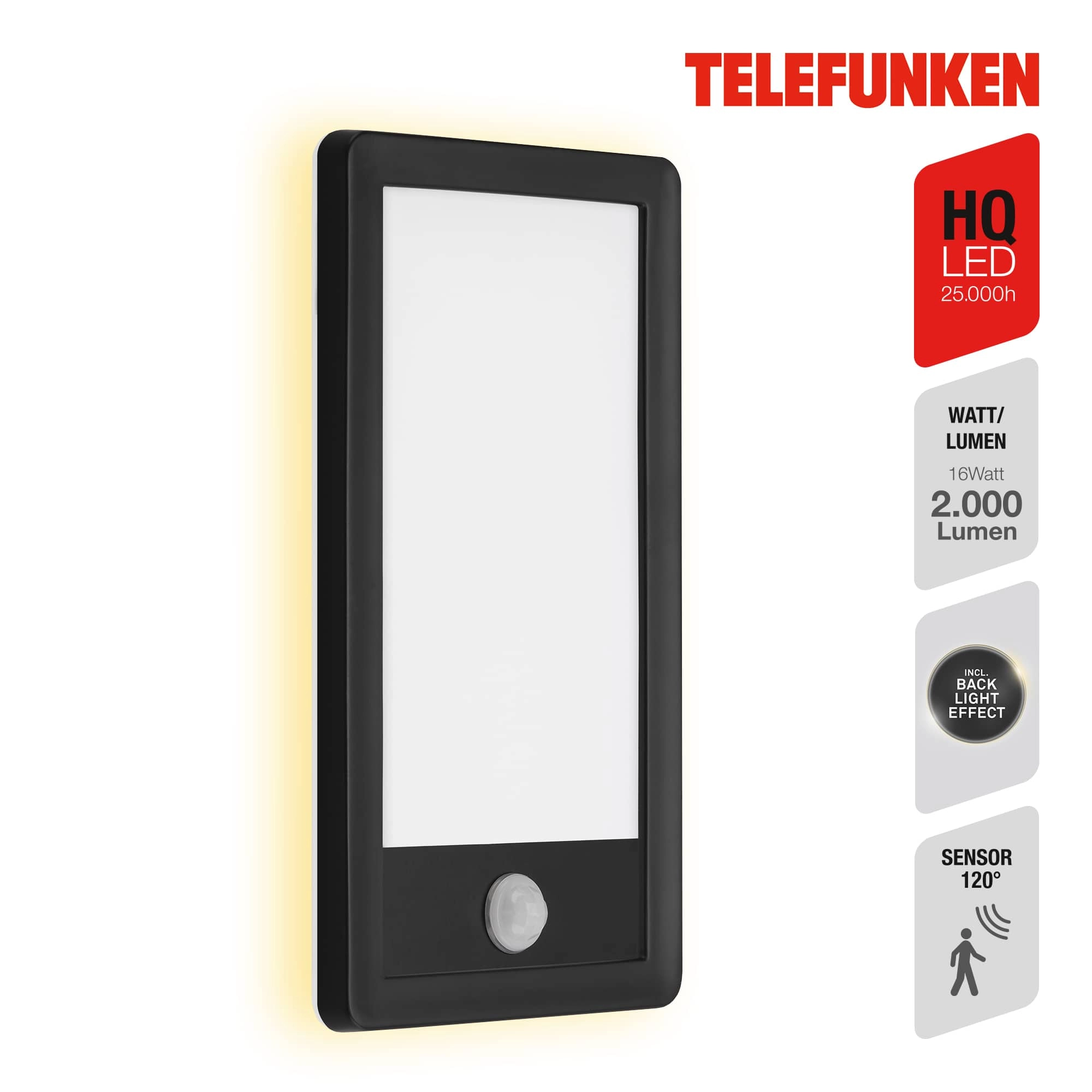 TELEFUNKEN LED Sensor Außenwandleuchte, 28 cm, 16 W, Schwarz