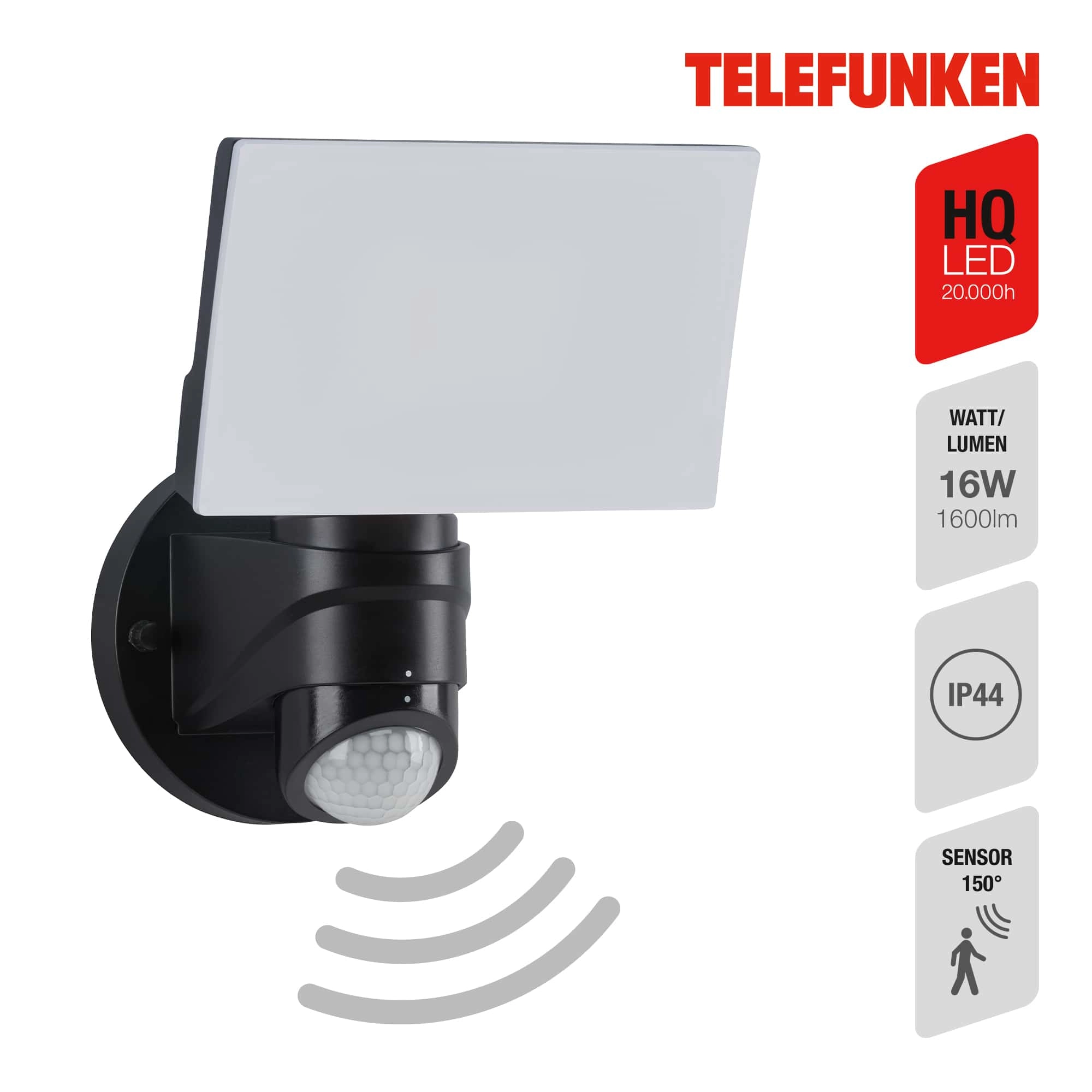 TELEFUNKEN LED Sensor Außenstrahler, 24 cm, 16 W, Schwarz