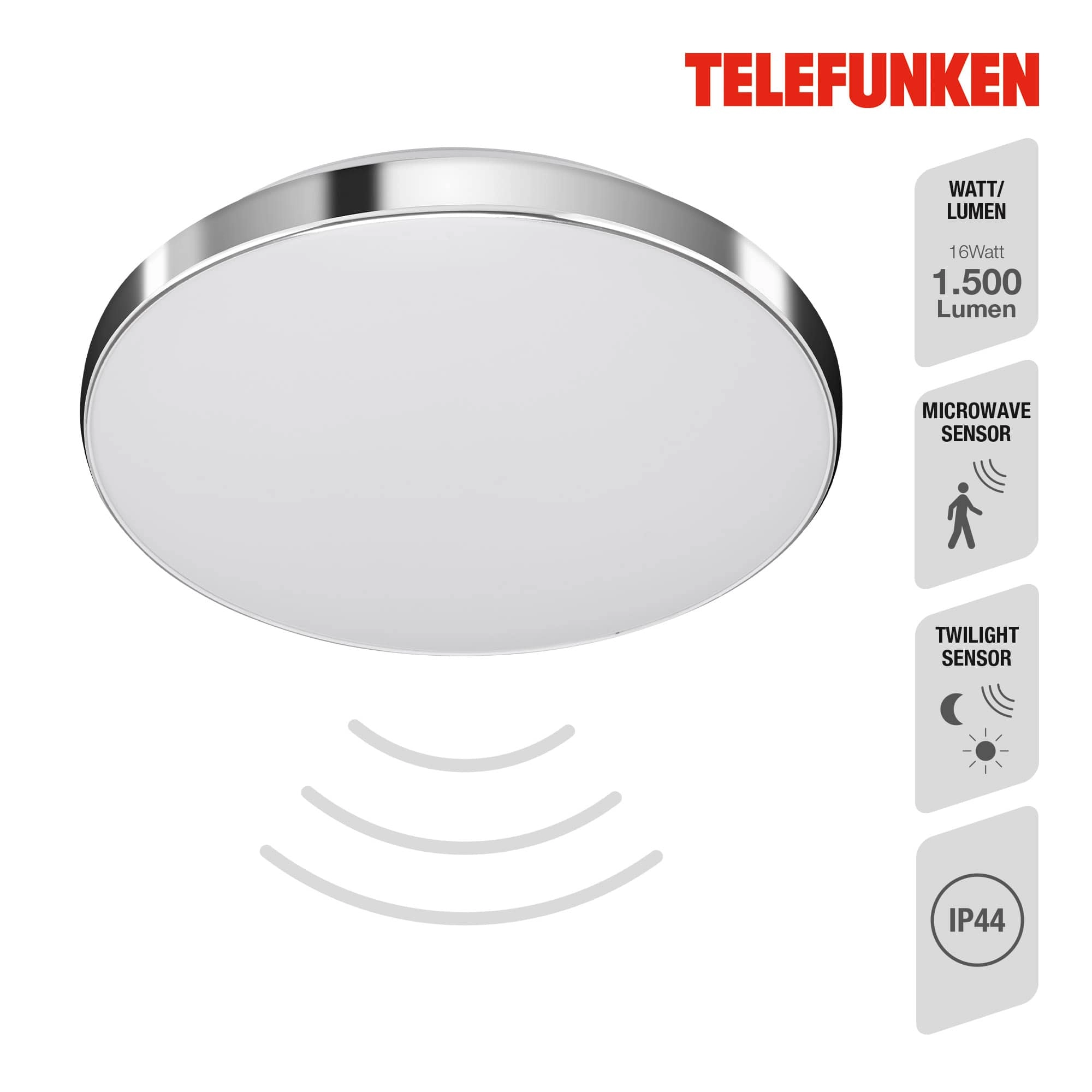 TELEFUNKEN Sensor LED Deckenleuchte, Ø 29 cm, 16 W, Weiß-Chrom