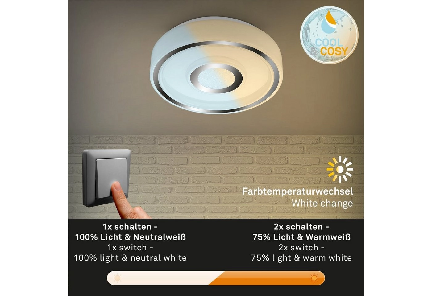 LED Bad Deckenleuchte, Ø 28 cm, LED-Platine, 12W, 1200 lm, chrom-Kristall