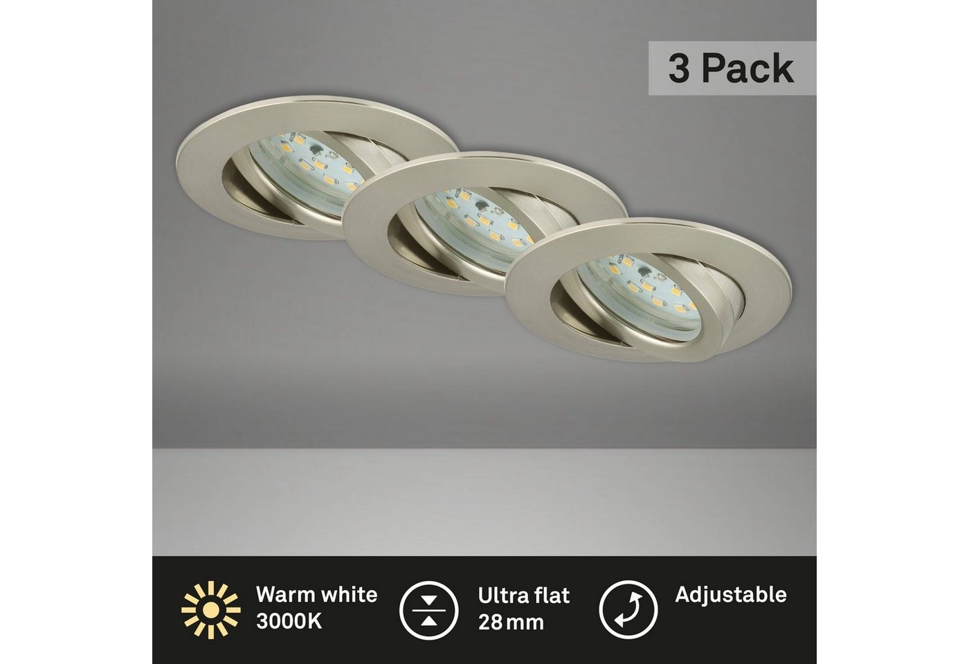 3er Set LED Einbauleuchte, Ø 8,2 cm, 5 W, Matt-Nickel