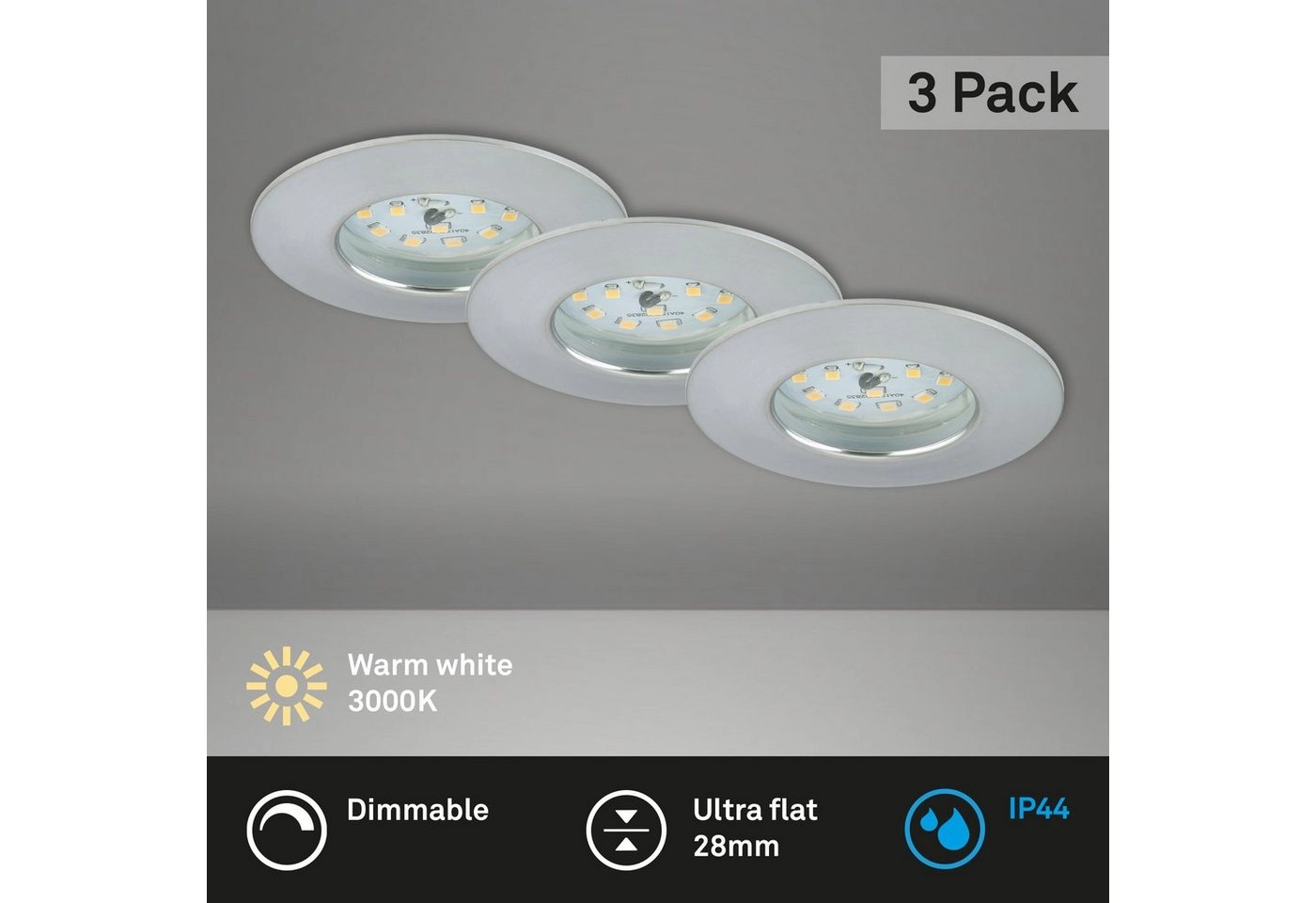 3er Set LED Einbauleuchte, Ø 7,5 cm, 5,5 W, Alu